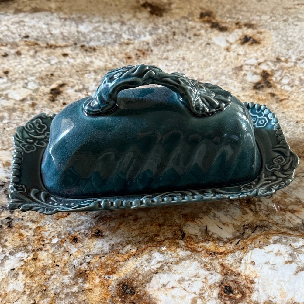 Anthropologie Teal Butter Dish